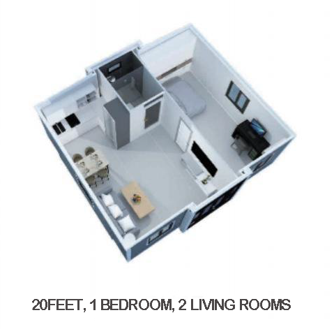 20ft One bedroom, 1 kitchen, 1 living room and 1 bathroom