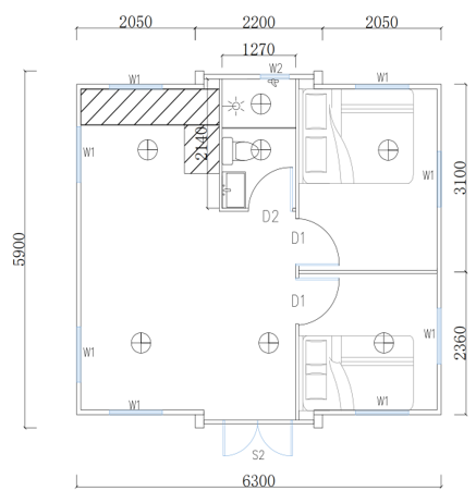 20ft Two bedroom, 1 kitchen, 1 living room and 1 bathroom