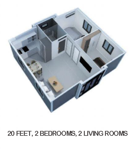 20ft Two bedroom, 1 kitchen, 1 living room and 1 bathroom